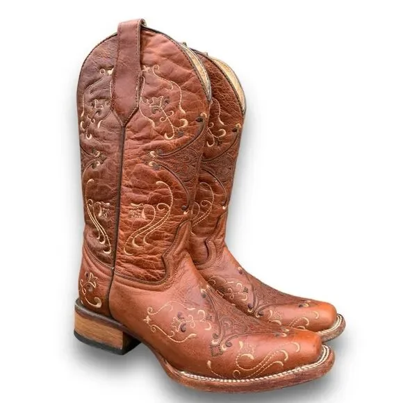 Circle G Cognac Embroidered Cowgirl Leather Cowboy Boots Women’s size 7.5 - Picture 2 of 16